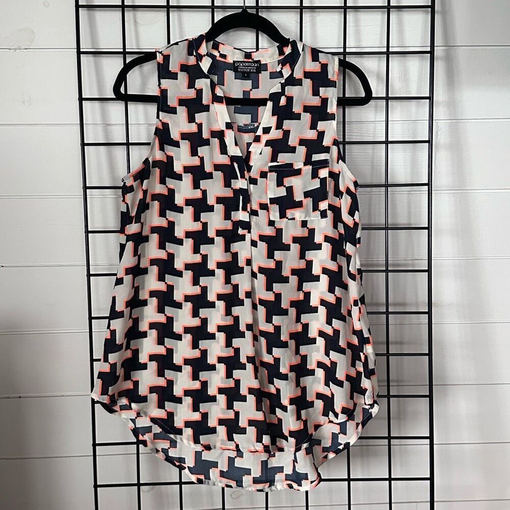 Papermoon Sleeveless Tunic Top Womens L Navy White Orange Breezy Geometric